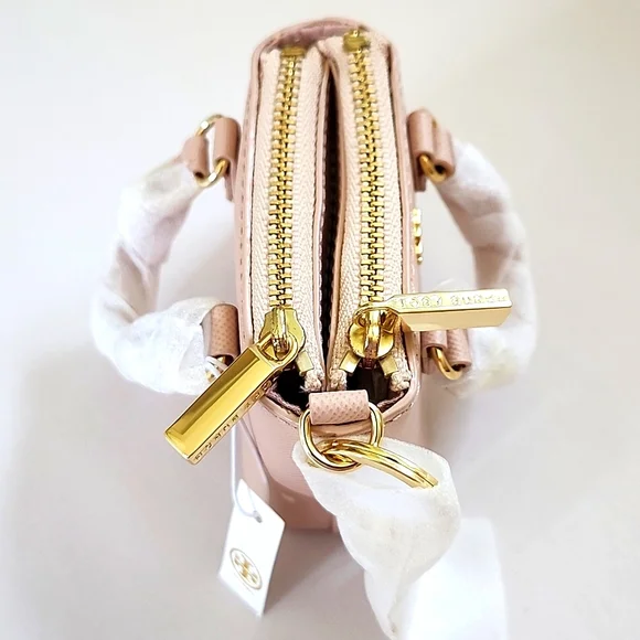 NWT TORY BURCH Mini Robinson Double Zip Leather Tote Gold Key Fob Bag Charm - Picture 8 of 9